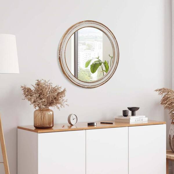 Antique Natural 35.4 in. W x 35.4 in. H Round Wooden Framed Decorative Mirror for Bedroom, Entryway, Living Room