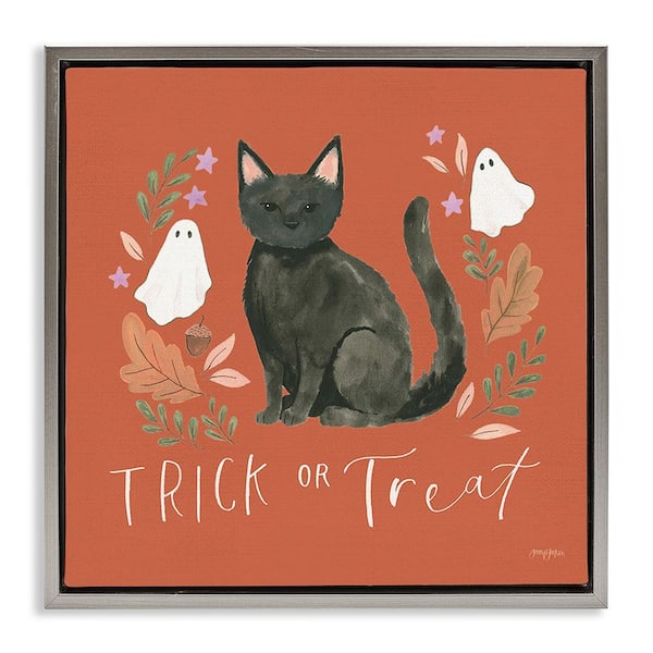 Stupell Industries Trick Or Treat Cat by Jenaya Jackson 1 Piece Floater Frame Graphic Print Typography Poster Art Print 18 in. x 18 in.