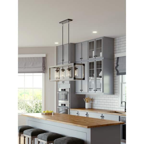 Dunning 4-Light Driftwood Gray Rectangular Farmhouse Linear Island Hanging Chandelier with Clear Seeded Glass Shades