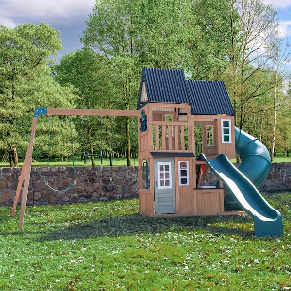 DIY Acadia Manor Wooden Outdoor Backyard Playset for Ages 3 to 10 with Swing Set, Tube Slide, and Playground Accessories