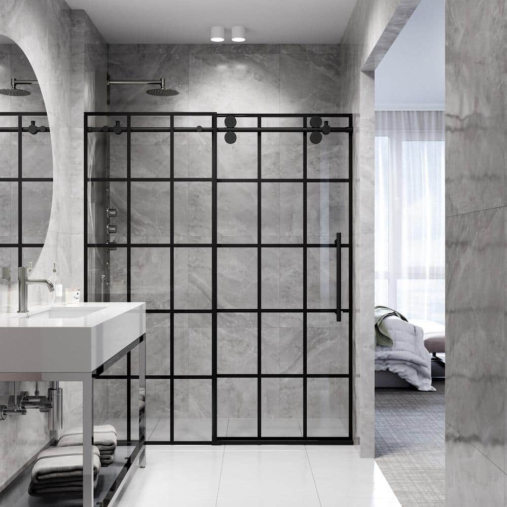 Elan 68-72" Matte Black Frameless Sliding Shower Door with Clear Grid Glass