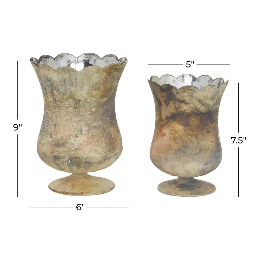 Rustic Brown Scalloped Glass Hurricane Table Vase Set