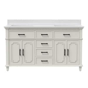 Solid-Wood 60 in. W x 22 in. H x 38 in. D Double Sinks Bath Vanity Cabinet in White with White Stone Top