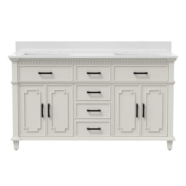 Comfystyle Solid-Wood 60 in. W x 22 in. H x 38 in. D Double Sinks Bath Vanity Cabinet in White with White Stone Top