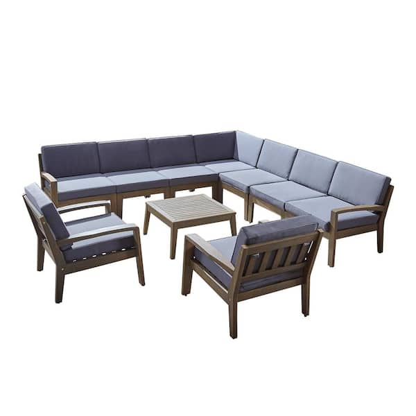 Grenada Teak Brown 10-Piece Wood Outdoor Patio Conversation Set with Dark Grey Cushions