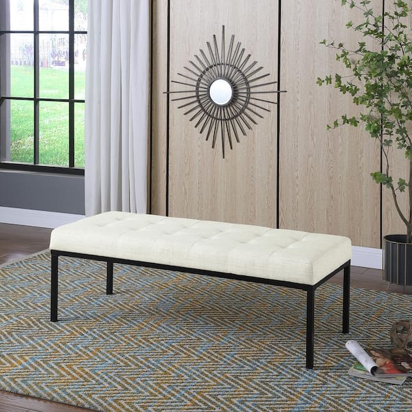 Stain-Resistant Cream Woven 54 in. Bedroom Bench Tufted with Black Metal Legs