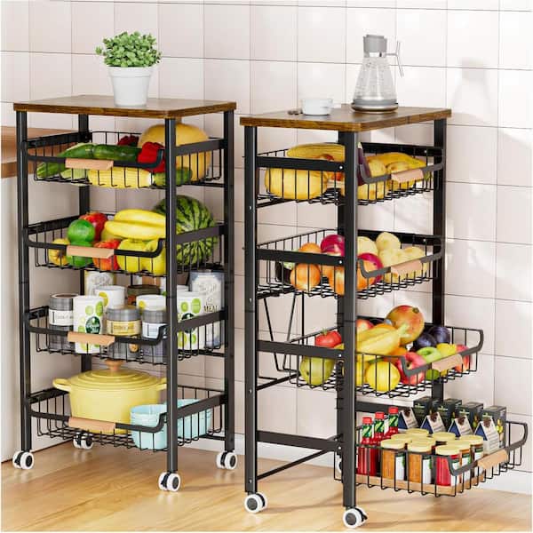 Unbranded 5-Tier Rolling Storage Kitchen Cart with Wheels, Wooden Tabletop and Mesh Baskets in Black