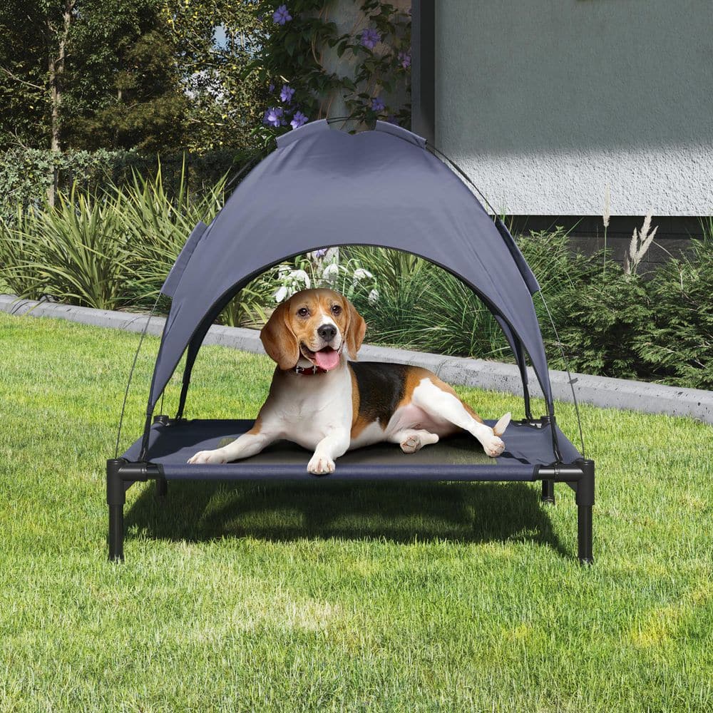 Medium Navy Blue Elevated Outdoor Waterproof Dog Bed with Canopy