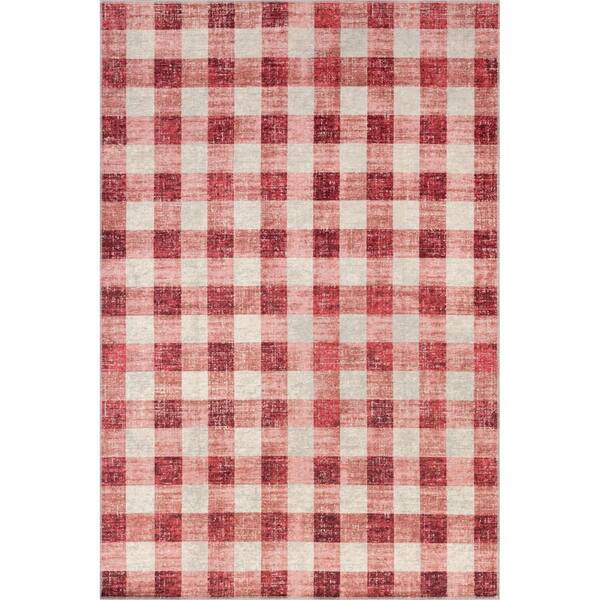 nuLOOM Drew Gingham Plaid Machine Washable Pink 5 ft. x 8 ft. Area Rug
