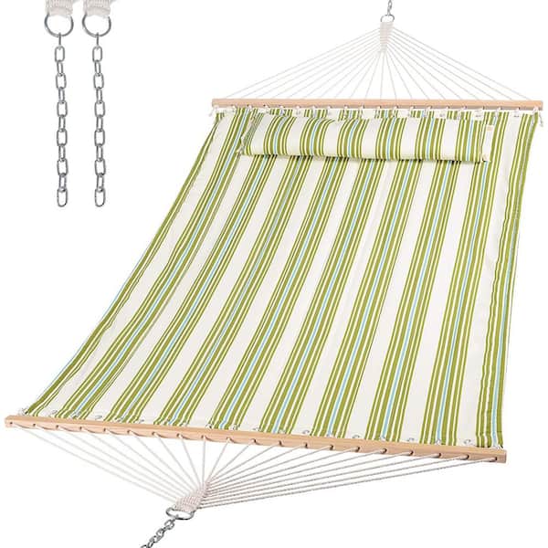 Unbranded 12 ft. Double Tree Hammock with Hardwood Spreader Bar, Extra Large Soft Pillow (Greenandbeige)