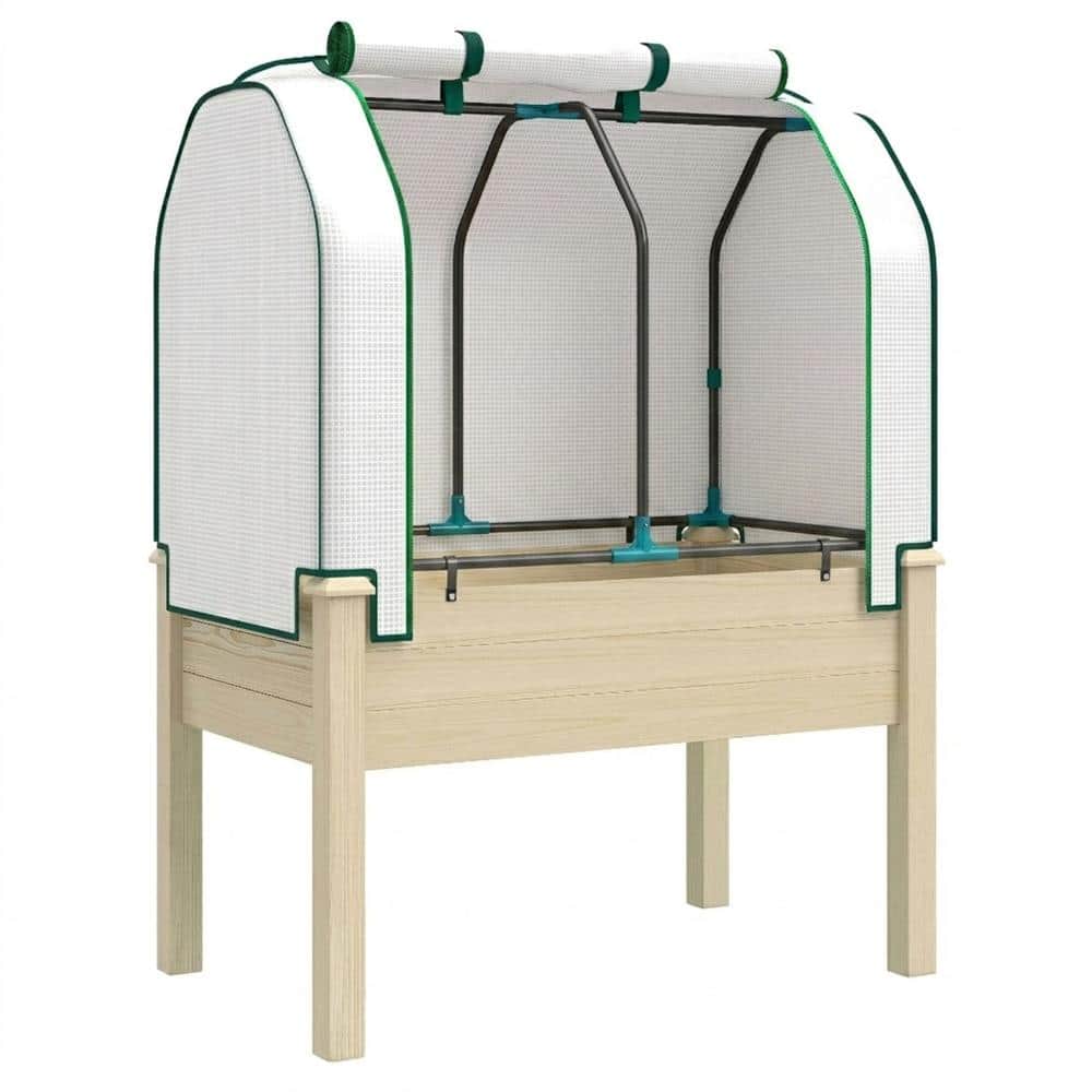 35 in. x 22 in. x 47 in. Raised Garden Bed with PE Greenhouse Cover, Outdoor Planter Box for Herbs & Vegetables, Natural