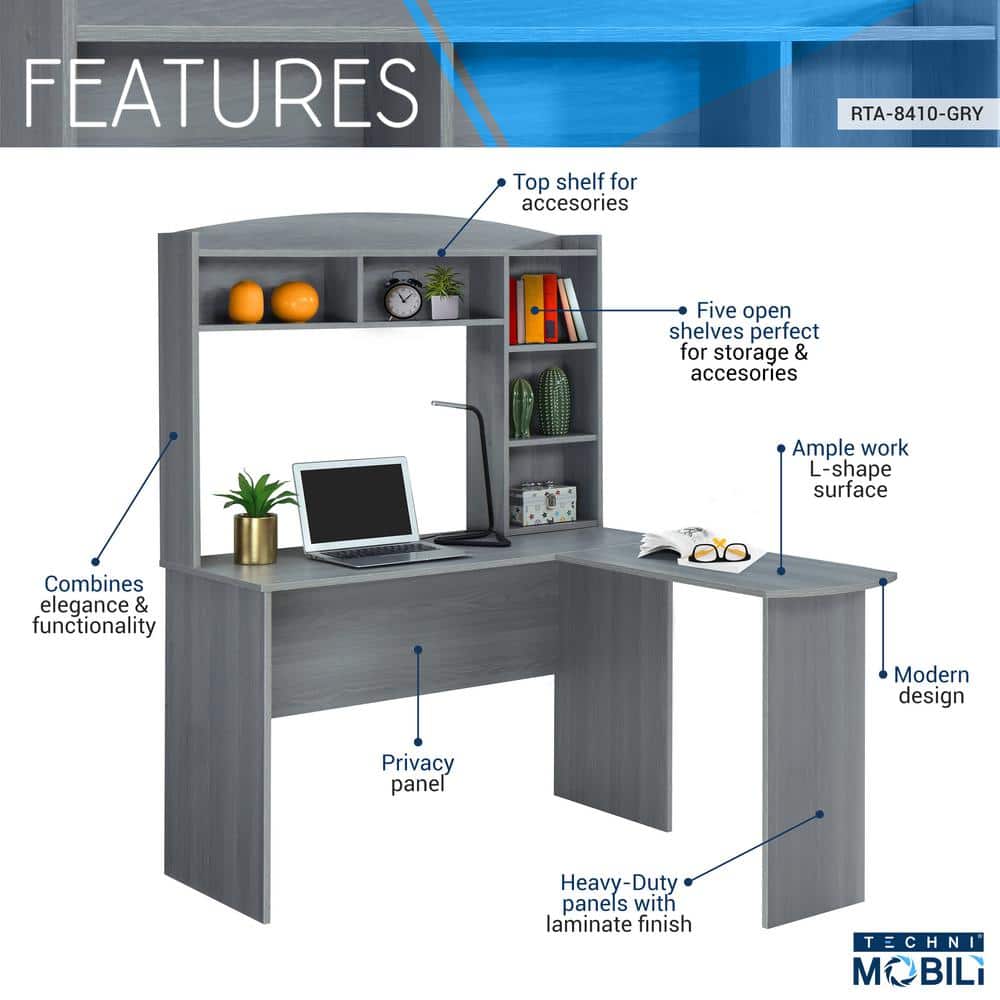 Modern Gray L-Shaped Desk with Hutch and Storage