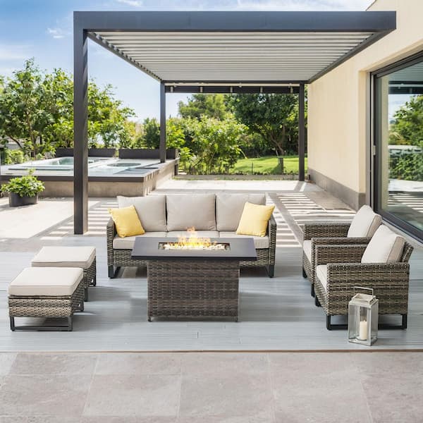 Opohoro U-Weave 6-Piece Gray Wicker Outdoor Rectangular Fire Pit Conversation Set with Beige Cushions and Ottomans