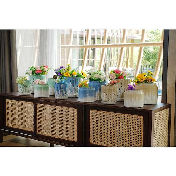 GOGEXX Set of 2 Handmade 5.12/7.28 in. H Blue White Drip Glaze Cylinder Ceramic Planters Non-Porous Pot for Aquatic Plants