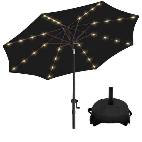 9 ft. Solar LED Lighted Market Patio Umbrella with Base and Push Button Tilt in Black