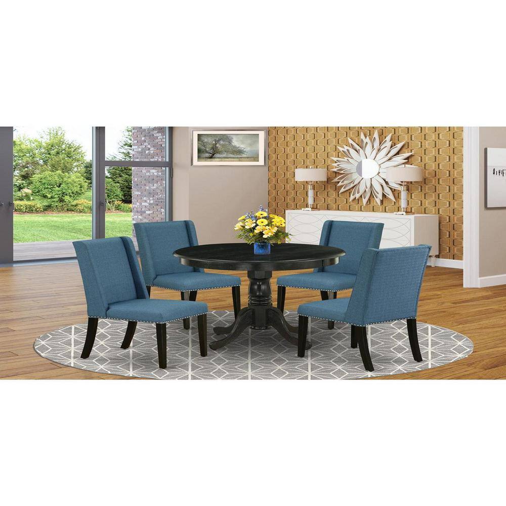 Mineral Blue Linen & Wirebrushed Black Solid Rubberwood 5-Piece Dining Set