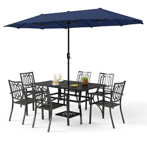 Black 8-Piece Metal Rectangle Outdoor Patio Dining Set with Slat Table, Umbrella, Fashion Stackable Chairs