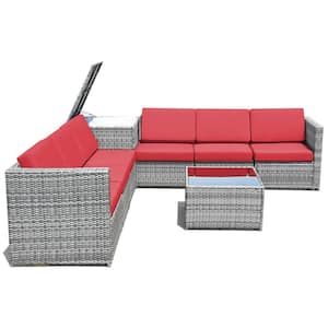 8-Piece Rattan Corner Outdoor Sectional Sofa Patio Conversation Furniture Set With Red Cushion