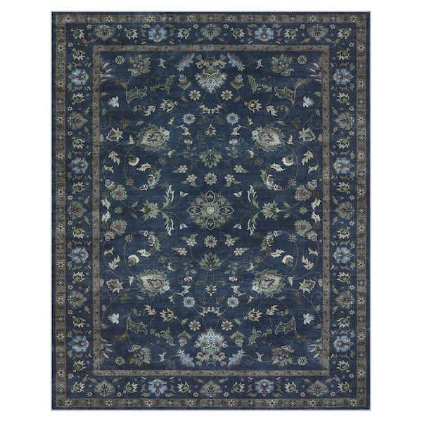 Vintage Floral Vine Washable Non-Slip Blue 8 ft. x 10 ft. Area Rug