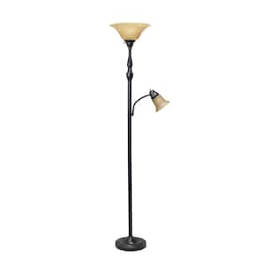 71 in. Restoration Bronze and Amber Torchiere Floor Lamp with 1 Reading Light and Marble Glass Shades