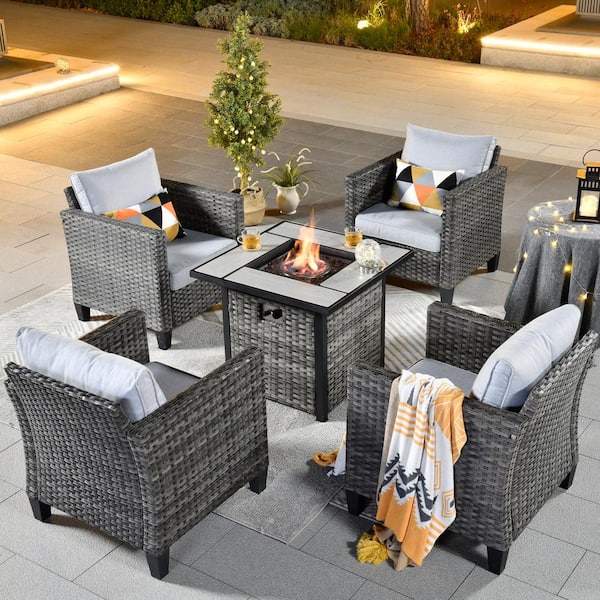 OVIOS New Vultros Gray 5-Piece Wicker Patio Fire Pit Conversation Seating Set with Gray Cushions