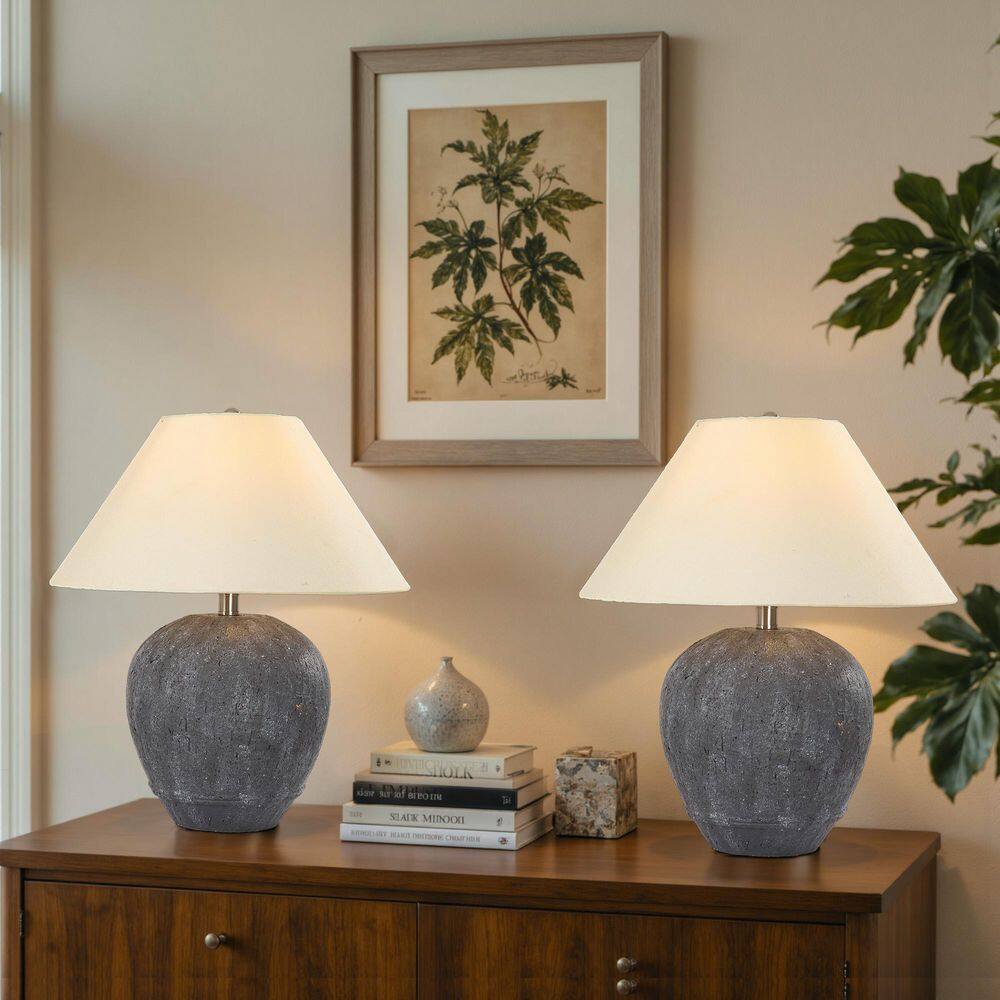 21.65 in. Dark Gray Ceramic Table Lamp Set with White Fabric Bell Shade and Cable (Set of 2) price history on PriceWatchPro