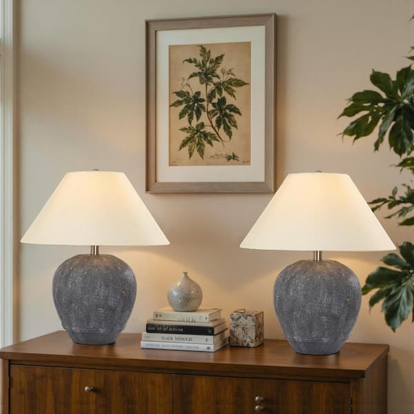 21.65 in. Dark Gray Ceramic Table Lamp Set with White Fabric Bell Shade and Cable (Set of 2)