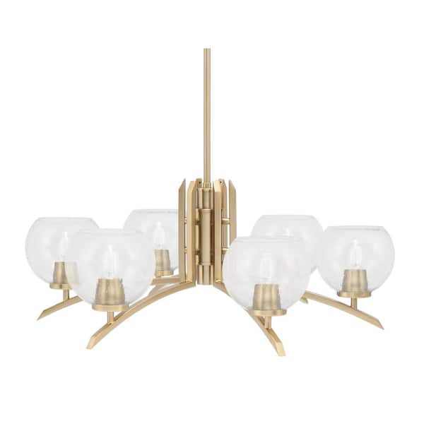 Unbranded Siena 26.25 in. 6-Light New Age Brass Chandelier with 5.75 in. Clear Bubble Glass Shades, no bulbs included