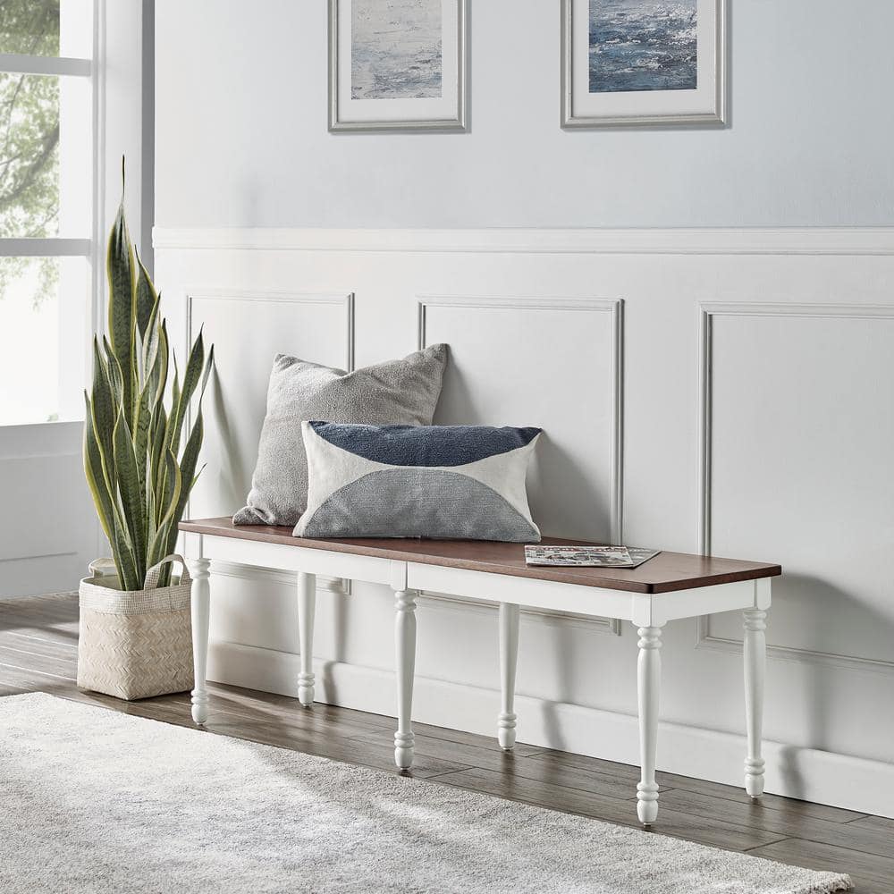 Shelby 57.75" White and Dark Brown Wood Dining Bench
