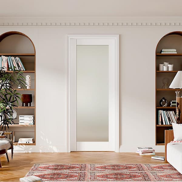 32 in. x 80 in. 1-Lite Frosted Glass Prehung Interior Door Right-Handed MDF Wood White with Door Jamb and Hareware Kit