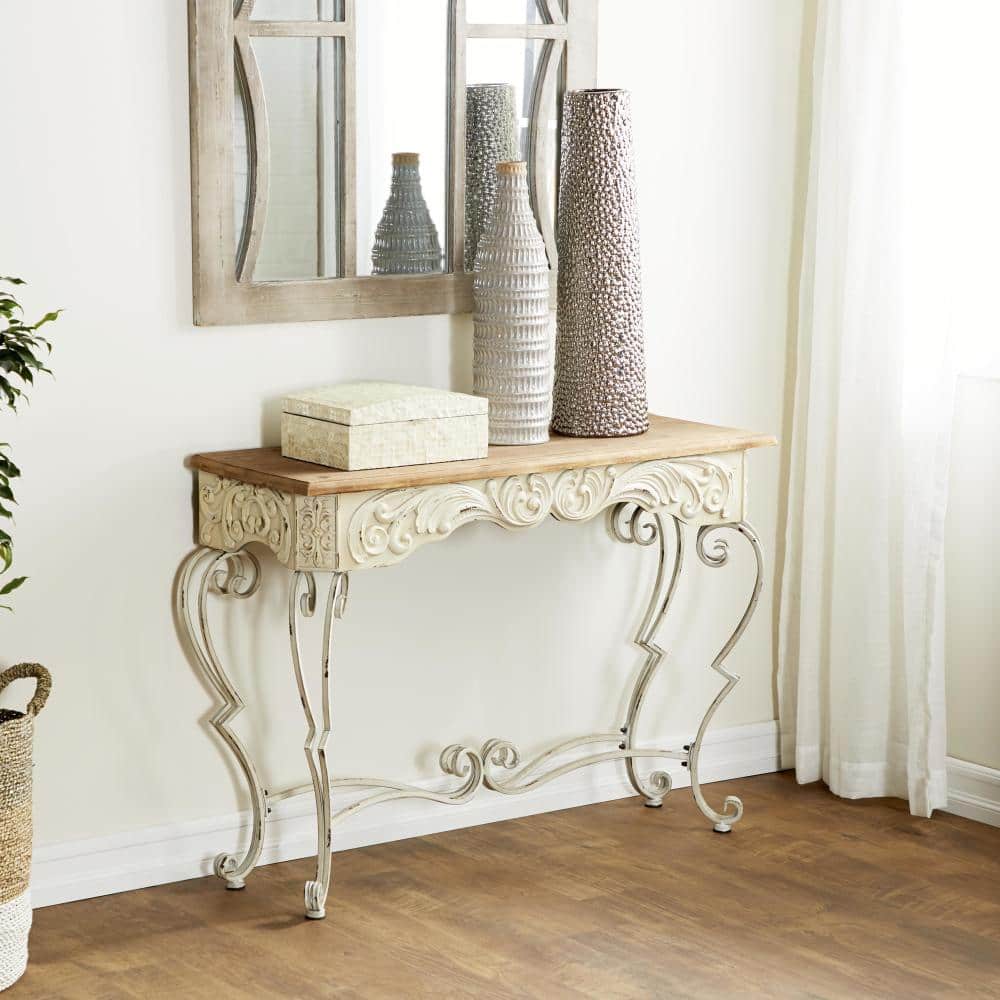 French Provincial White Metal Scroll Console Table with Fir Wood Top