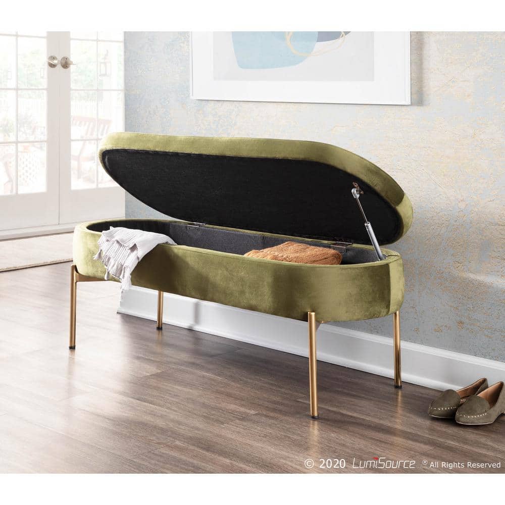 Chloe 48" Green Velvet Gold Metal Contemporary Storage Bench