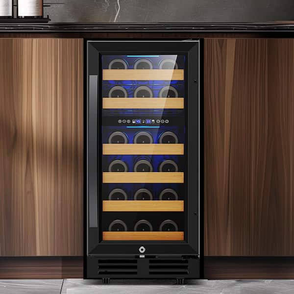15 in. Dual Zone 30 Bottles Wine Refrigerator w/Reversible Door Hinge Built-in Wine Cooler with 2 Door Handles in Black