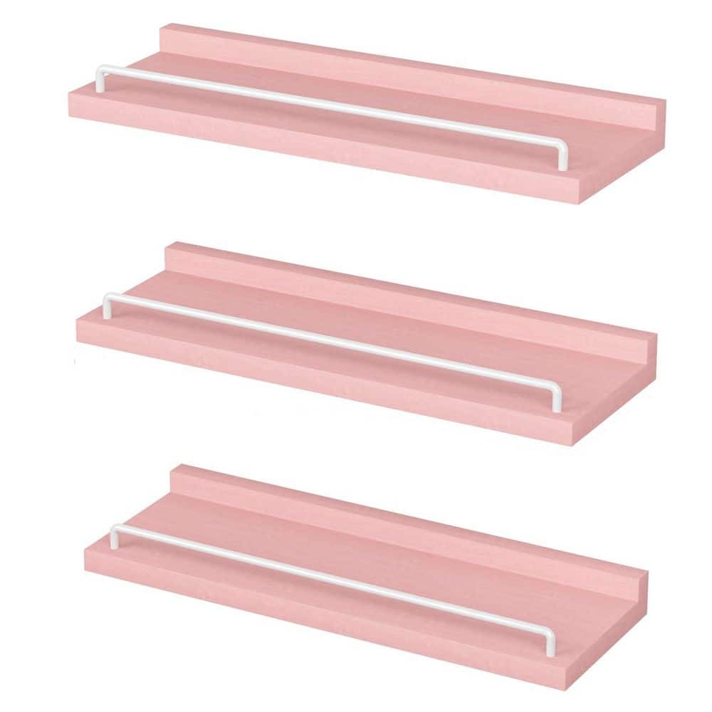 16 in. W x 6 in. D Pink and White Floating Shelves with Metal Rail, Decorat
