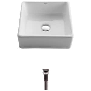 Square Ceramic Vessel Bathroom Sink in White with Pop Up Drain in Oil Rubbed Bronze