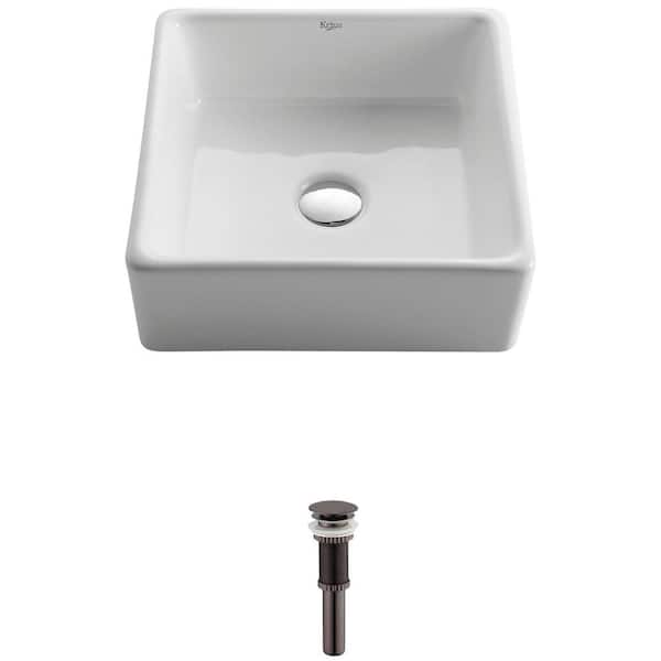 KRAUS Square Ceramic Vessel Bathroom Sink in White with Pop Up Drain in Oil Rubbed Bronze