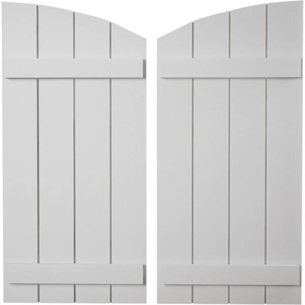 22 in x 62 in Polyurethane Smooth Four Board Joined Board-n-Batten Elliptical Top Faux Wood Shutters Primed Tan