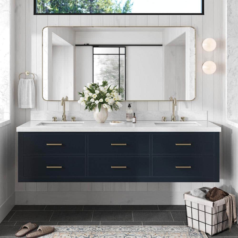 Midnight Blue Wall-Mount Double Vanity with Carrara Marble Top
