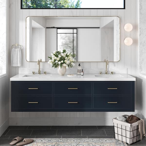 ARIEL Hutton 73 in. W x 22 in. D x 19.6 in. H Bath Vanity in Midnight Blue with Carrara White Marble Top