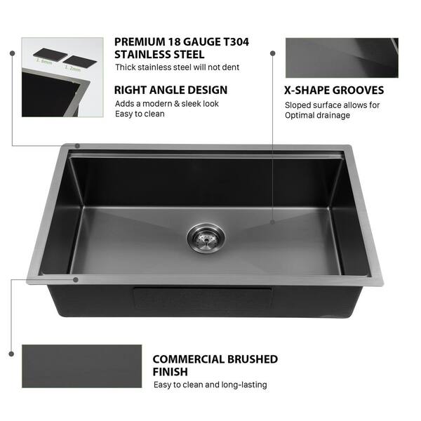 Sarlai 28 in. Undermount Single Bowl 16 Gauge Gunmetal Black Sarlai 28 in. Undermount Single Bowl 16 Gauge Gunmetal Black