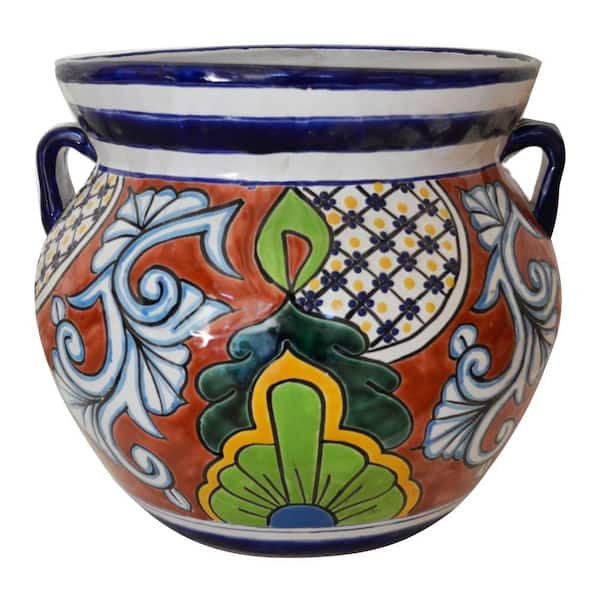 Ravenna Pottery Talavera 12-1/2 in. Round Ceramic Pot with Handles - B 1
