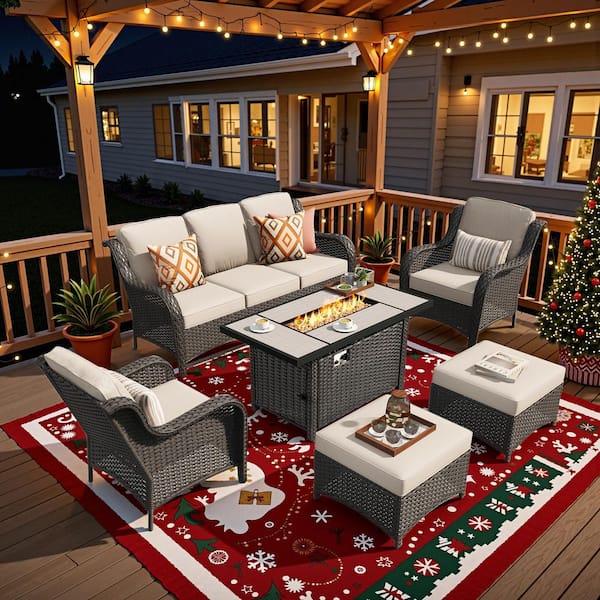 Clario 6-Piece Wicker Patio Furniture Conversation Seating Set with Fire Pit, Beige Cushions for All-Weather