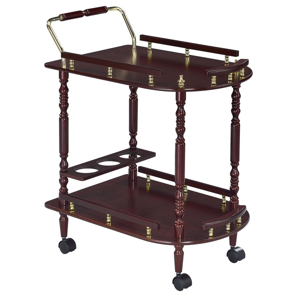 Elegant Merlot and Brass Round Serving Cart with Wine Storage