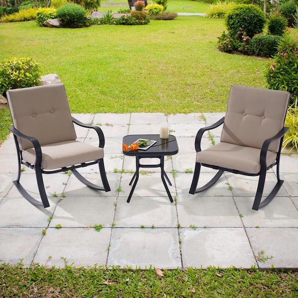 3-Piece Wicker Sand Patio Furniture Set, Outdoor Rocking Chairs, Outdoor Furniture with Table and Cushions
