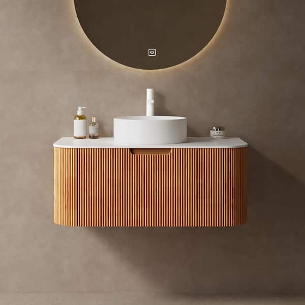 36 in. Single Sink Floating Curved Edge Natural Bath Vanity with White Marble Top (Assembled), Round Sink