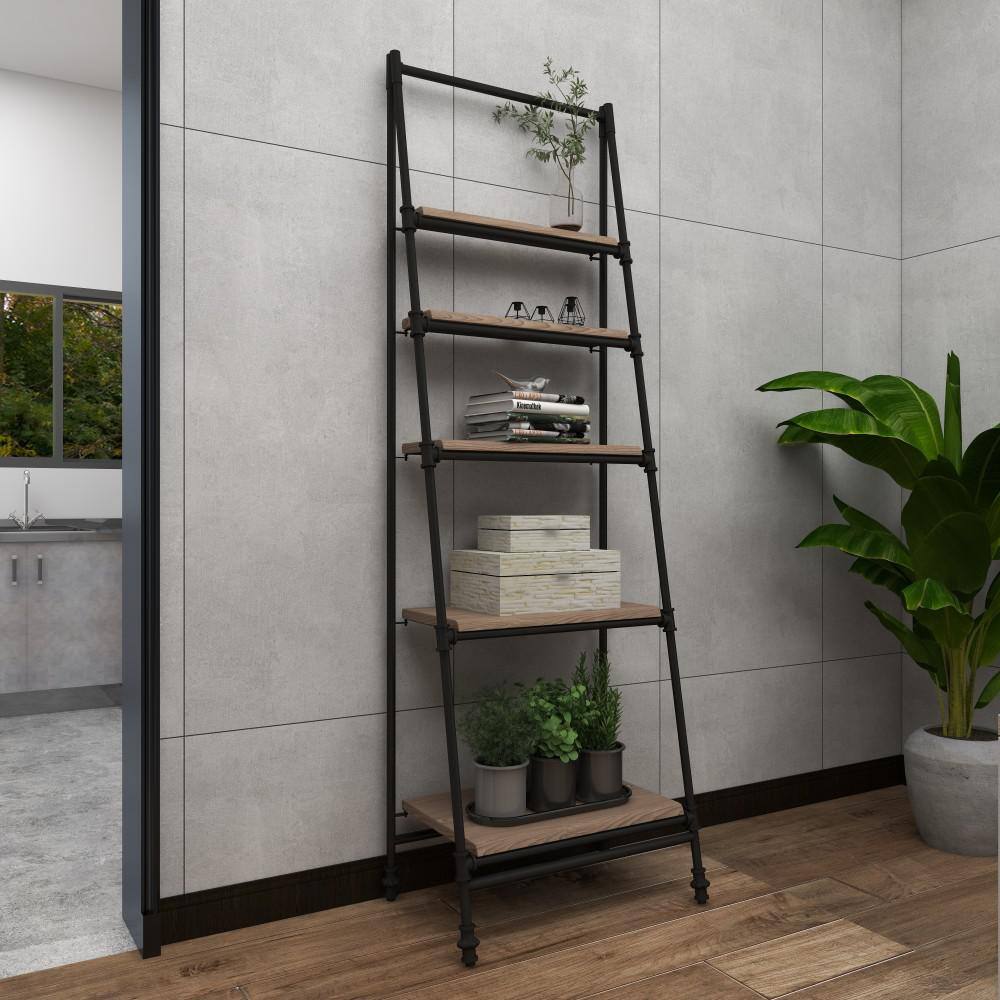 72" Black Metal and Pine Wood 5-Tier Ladder Shelf