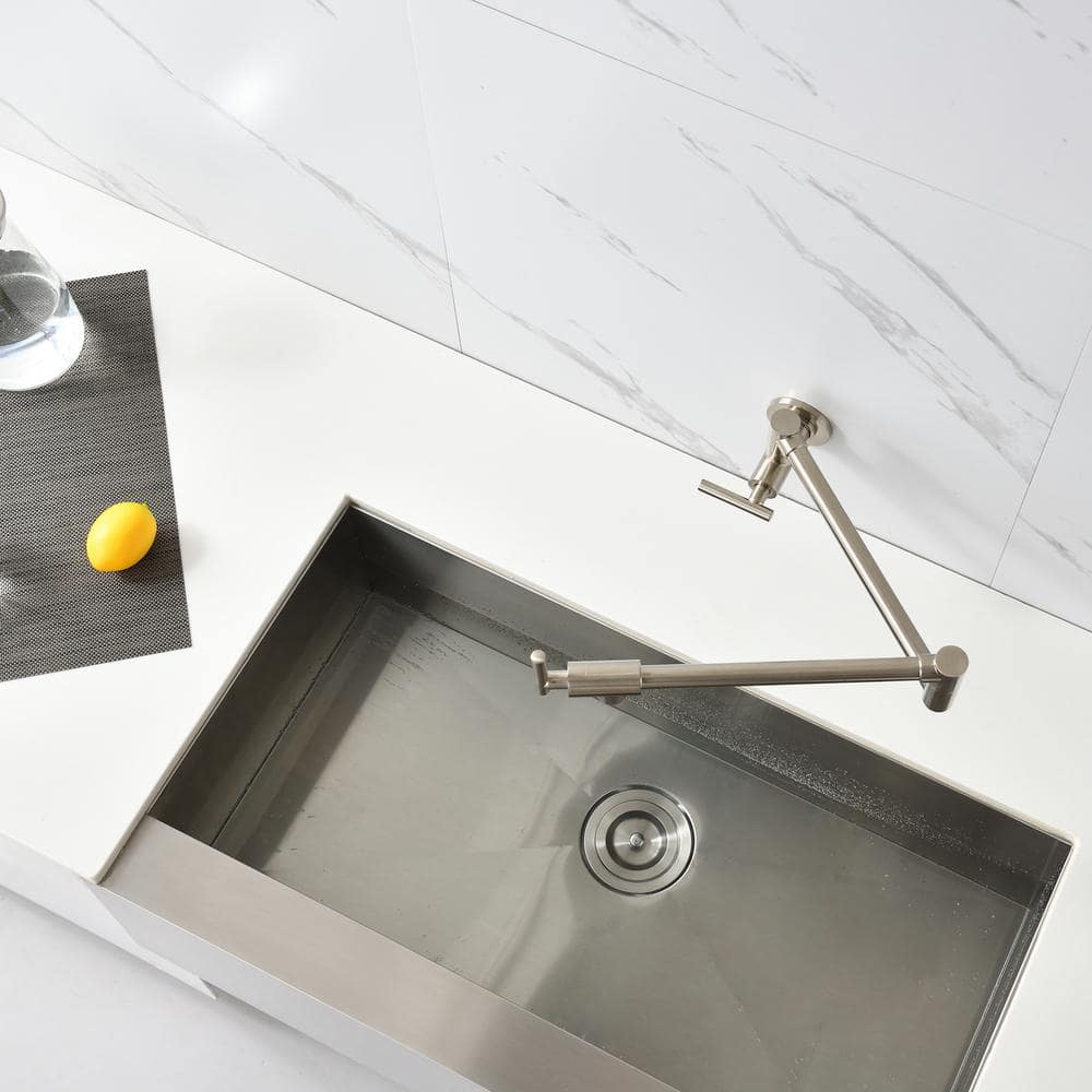 Brushed Nickel Wall-Mounted Pot Filler Faucet with Dual Handles