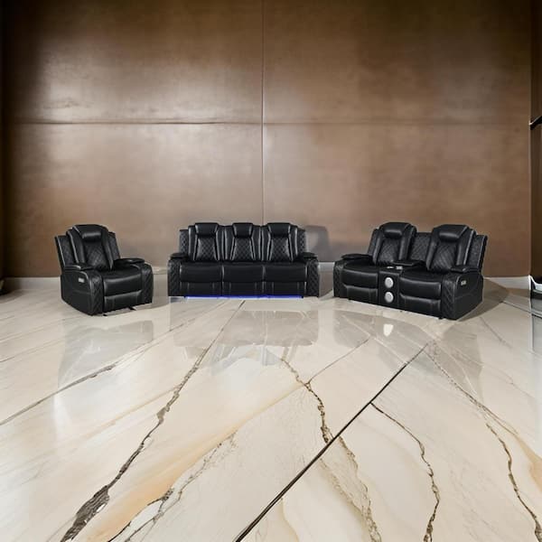 Benjara 85 in. Pillow Top Arm Faux Leather Rectangle Power Recliner Sofa in Black