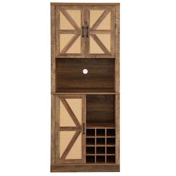 Brown Wood Pantry Organizer, Farmhouse Kitchen Faux Rattan Wine Cabinet with Barn Doors and Microwave Shelves