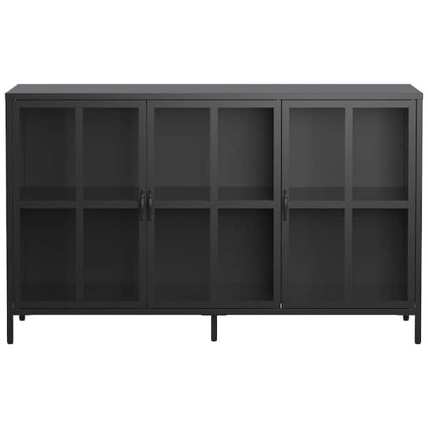 Black 33.5 in. H 3 Glass Door Accent Storage Cabinet with Adjustable Feet